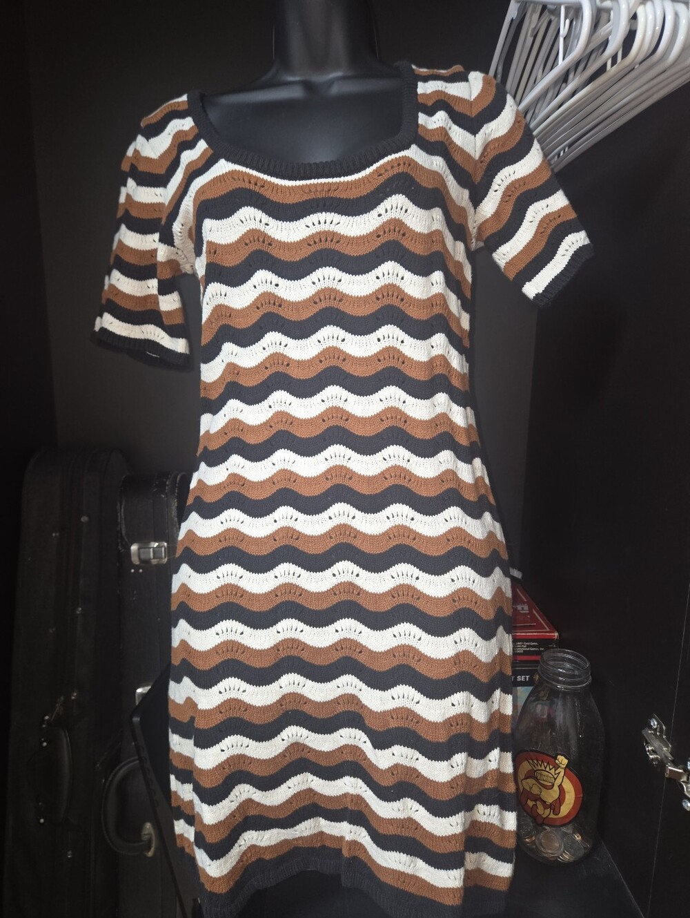 Rhythm Crochet Knit Chevron Stripe Dress Brown Black Cream 70s Retro Boho Medium